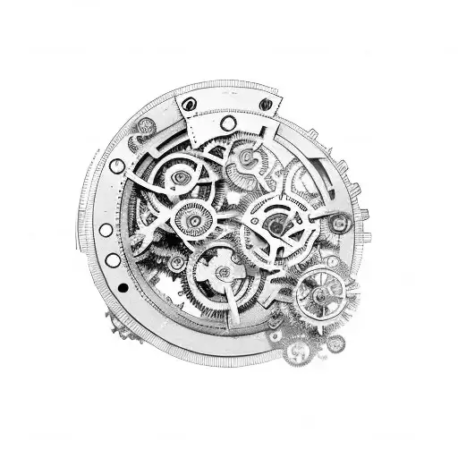 A clockwork mechanism with gears and cogs, featuring the names LYLIA and NAËL incorporated into the design tattoo design idea