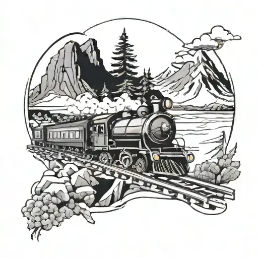 A tattoo design combining elements of martial arts and hiking, with a train running through the background tattoo design idea