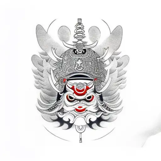 bird with tengu mask in the back tattoo design idea