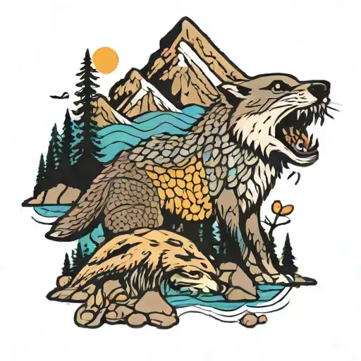 mountain, river, honey comb, otter, wolf  tattoo design idea
