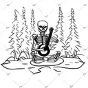 skeleton sitting on the ground under a weeping willow tree playing a small guitar. a running river flowing in front  tattoo design idea
