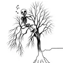 skeleton sitting on the ground under a weeping willow tree playing a small guitar. a running river flowing in front  tattoo design idea