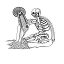 skeleton sitting on the ground under a weeping willow tree playing a small guitar. a running river flowing in front  tattoo design idea