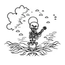 skeleton sitting on the ground under a weeping willow tree playing a small guitar. a running river flowing in front  tattoo design idea