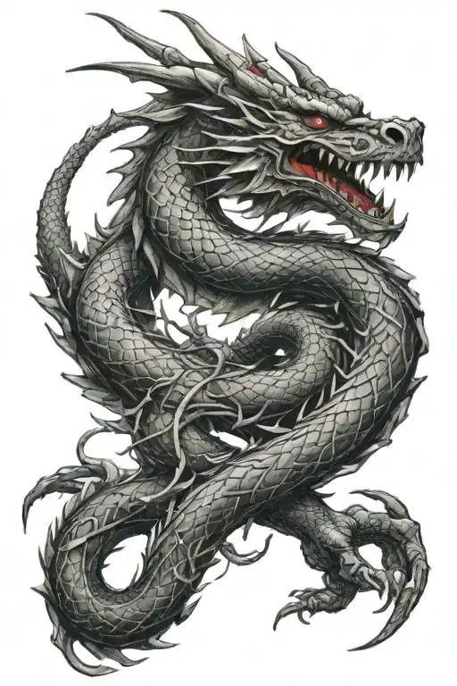 Full arm tattoo, a dragon wrapping around the entire arm, very red and black and many details, many more details tattoo design idea