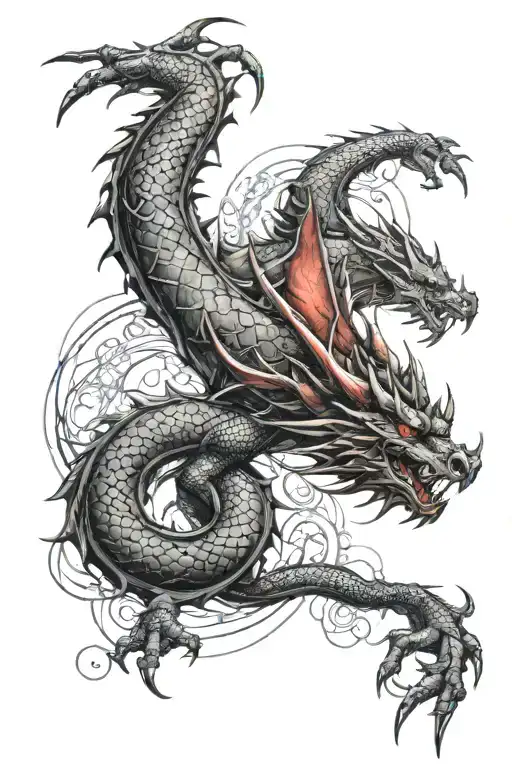 Give me a full arm tattoo, a dragon wrapping around the entire arm, red and black and lots of details tattoo design idea