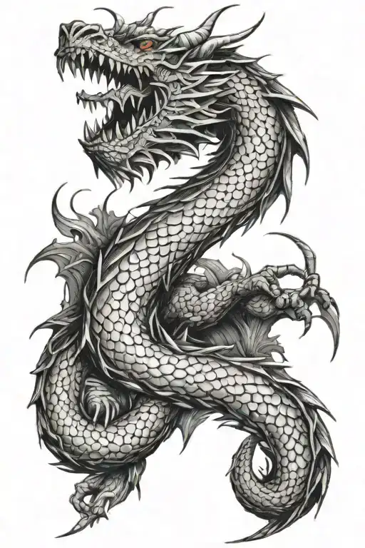Give me a full arm tattoo, a dragon wrapping around the entire arm, red and black and lots of details, lots more details tattoo design idea