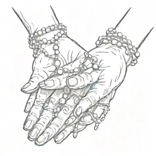 old womans hands together praying the rosary beads tattoo design idea