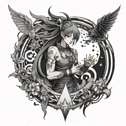 A mystical tattoo of an anime character summoning elemental powers through music and gaming-inspired symbols, creating a harmonious blend of worlds tattoo design idea