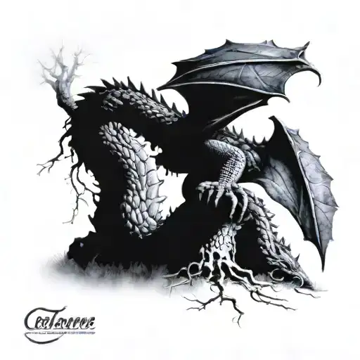 european dragon sleeping at base of tree tattoo design idea