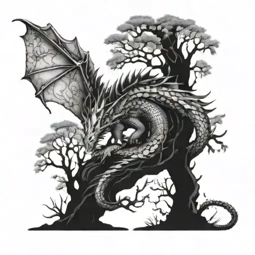 fantasy dragon sleeping at base of tree tattoo design idea