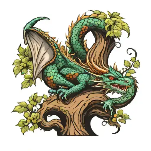 european dragon sleeping at base of tree tattoo design idea