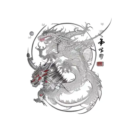 A futuristic cyberpunk samurai warrior battling a dragon in a cherry blossom-filled moonlit sky tattoo design idea
