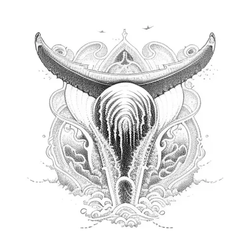 A blackwork design of a magnificent humpback whale breaching the surface of the ocean, with intricate waves and seagulls in the background tattoo design idea