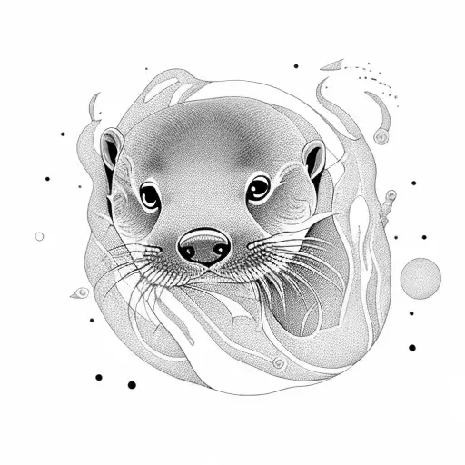 A playful otter floating on its back in a tranquil river surrounded by trees tattoo design idea