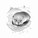 A playful otter floating on its back in a tranquil river surrounded by trees tattoo design idea