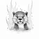 A playful otter floating on its back in a tranquil river surrounded by trees tattoo design idea