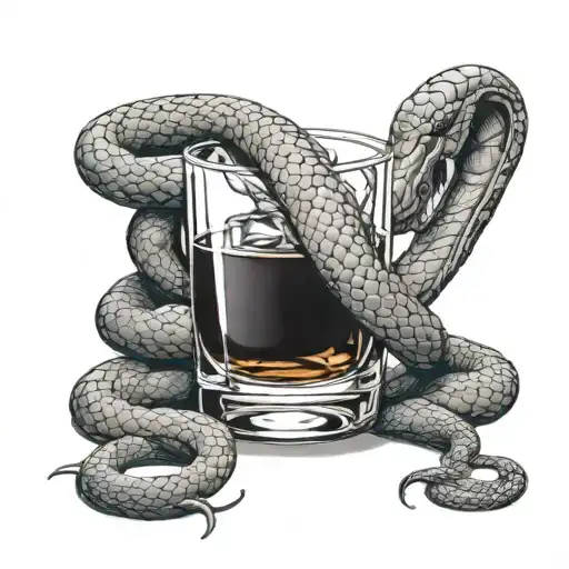 A glass of whiskey with a snake wrapped around it, symbolizing the pleasures of life and indulgence tattoo design idea