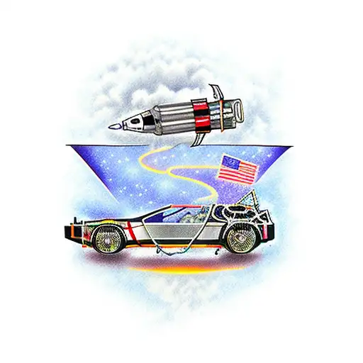 Delorean flying in space tattoo design idea
