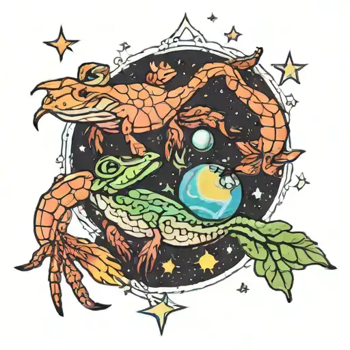 joint tattoo for two sisters, shrimp, frog, planets, stars tattoo design idea