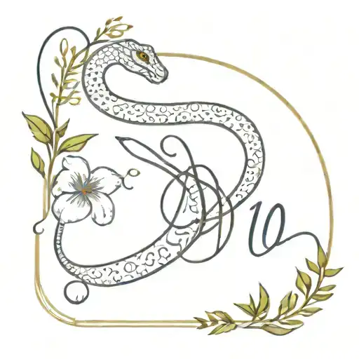 Snake, Astro sign Aries, first name Kelly in Morse code, Spathiphyllum, Coquette, Strength, Courage tattoo design idea