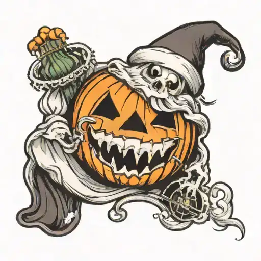 ghost holding pumpkin and Santa hat adorned tattoo design idea