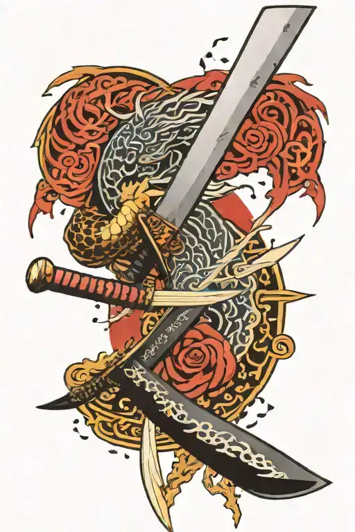 Japanese katana with a Japanese symbol intertwined with lightning around it tattoo design idea