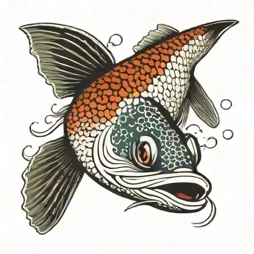 Naturally coloured and shaped northern pike with its typical spots, swimming in waves, Japanese ukiyo-e style tattoo design idea