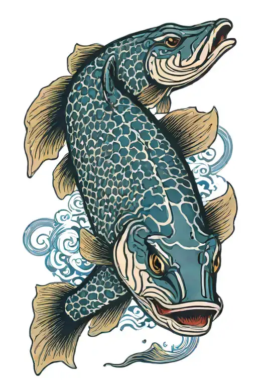 Naturally colored and shaped northern pike with typical spots and visible teeth, blue waves in background, ukiyo-e style tattoo design idea