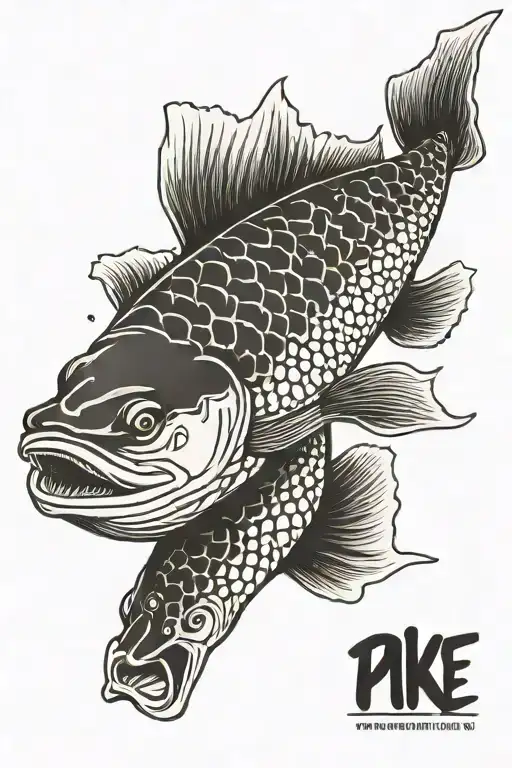Naturally colored and shaped northern pike with its specific spots and visible teeth in waves japanese woodcut style tattoo design idea