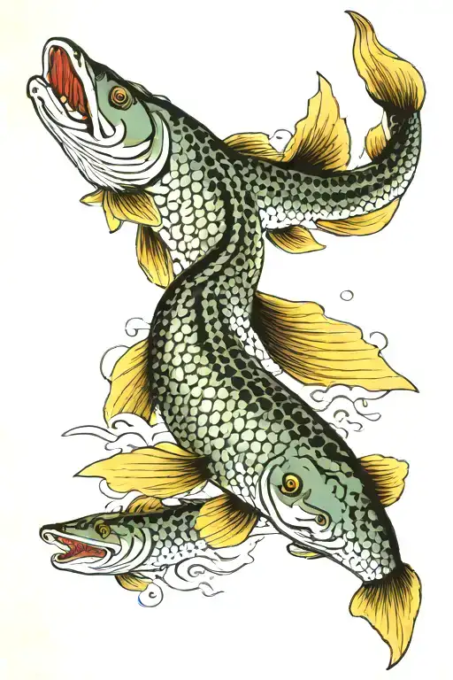Naturally coloured and shaped northern pike with its typical spots, in waves, Japanese ukiyo-e style tattoo design idea
