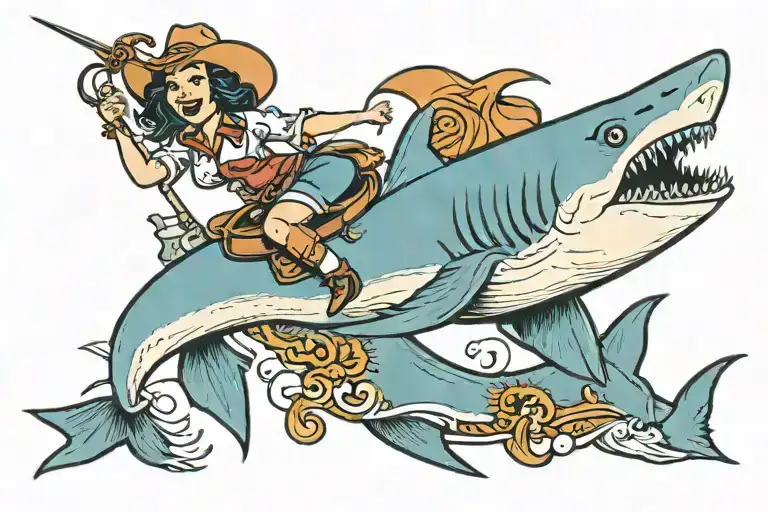 cowgirl riding a shark tattoo design idea