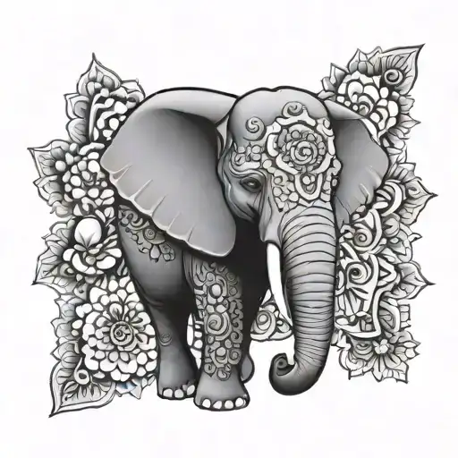 elephant face mandala flowers surrounding tattoo design idea