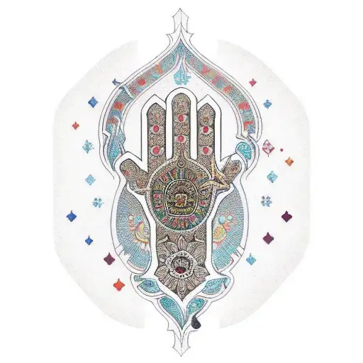 Traditional-style Hamsa surrounded by branches of a tree lamp tattoo design idea