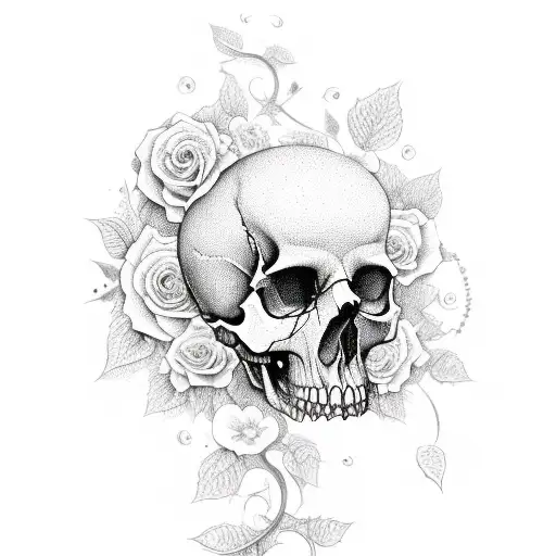 half skull with flowers & vines pouring out tattoo design idea