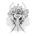 Skull with floral pattern trailing down to Asian elephant  tattoo design idea