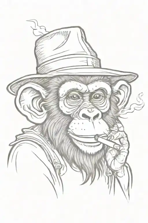 cartoon funny monkey in a hat smoking a cigarette and threatening, sketch style tattoo design idea