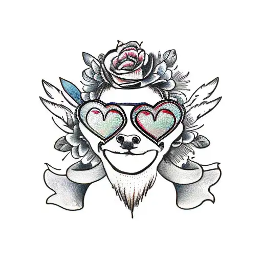 silly goose with flower on head and heart shaped sunglasses tattoo design idea
