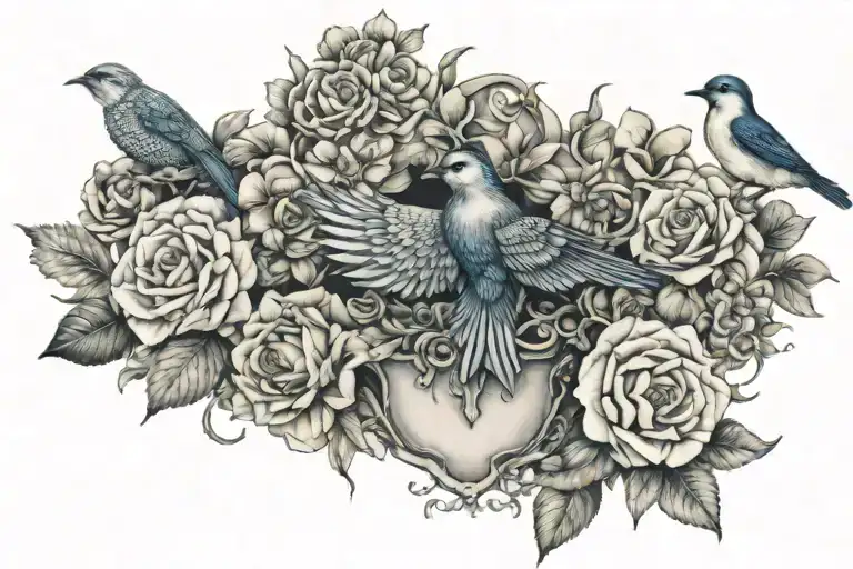 flowers, birds, chest tattoo, jean paul gaultier tattoo design idea