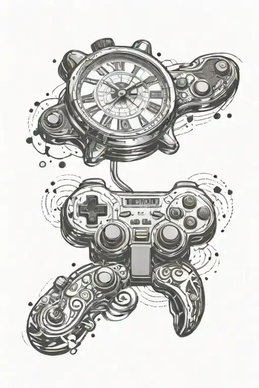 A clock with game controller hands, symbolizing the balance between time management and gaming tattoo design idea