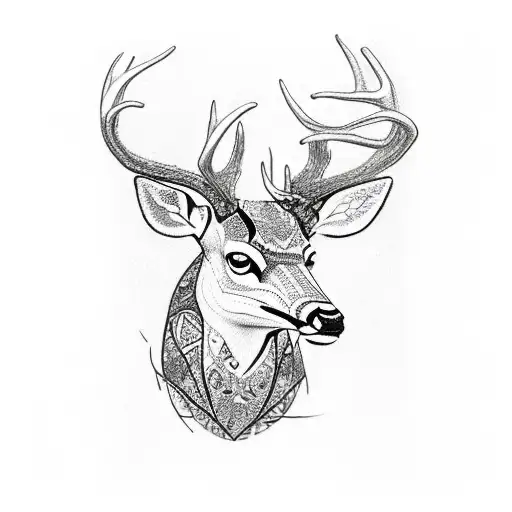 A detailed sketch of a deer surrounded by intricate patterns inspired by wood grain tattoo design idea