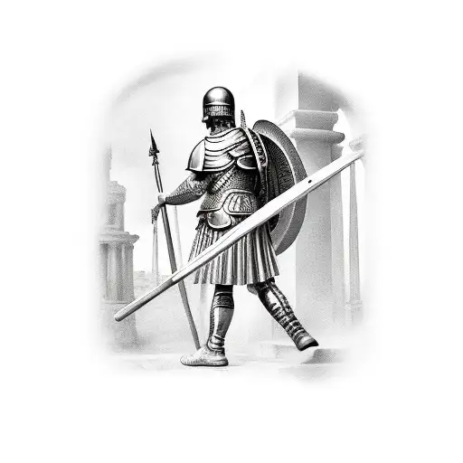 roman soldier surrounded by classic buildings tattoo design idea