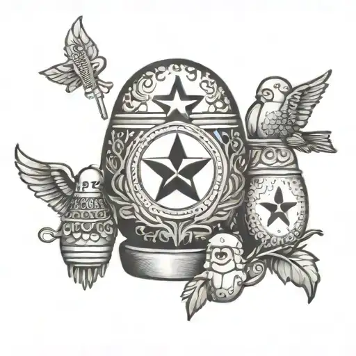A dotwork tattoo of a military medic symbol surrounded by Russian nesting dolls, representing the client's occupation as a military doctor and their love for traditional Russian culture. tattoo design idea