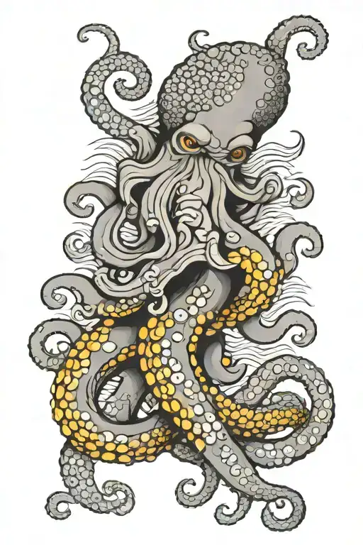 Not so angry octopus with tentacles on a backdrop of Japanese black and grey waves on upper arm tattoo design idea