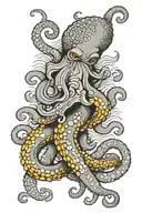 Not so angry octopus with tentacles on a backdrop of Japanese black and grey waves on upper arm tattoo design idea