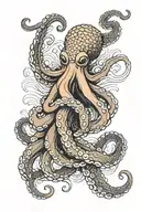 Not so angry octopus with tentacles on a backdrop of Japanese black and grey waves on upper arm tattoo design idea