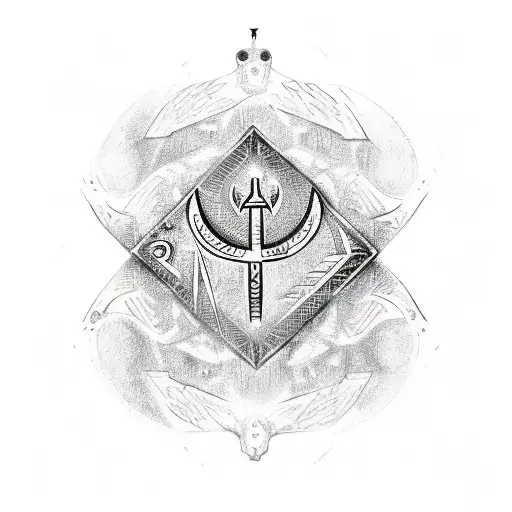 sketch of a runic ankh made with ink, include 3 bird skulls around the base of the top half with runes around i tattoo design idea