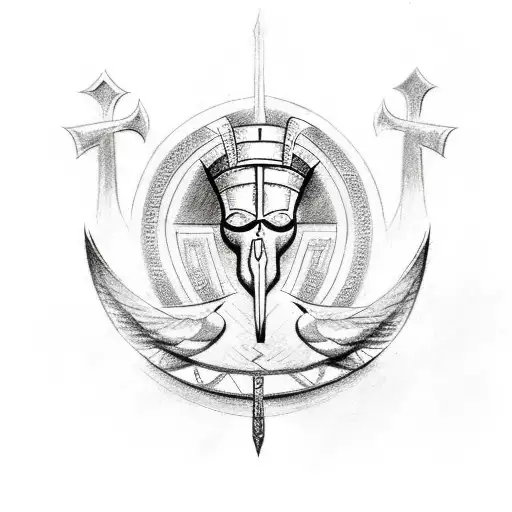 sketch of a runic egyptian ankh maybe with ink, include 3 bird skulls around the base of the top half with runes around  tattoo design idea