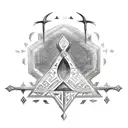 sketch of a runic egyptian ankh maybe with ink, include 3 bird skulls around the base of the top half with runes around  tattoo design idea