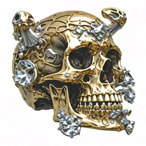 a decrepit skull made of gold and silver, with a copper jaw bone melting with gems and crystals tattoo design idea